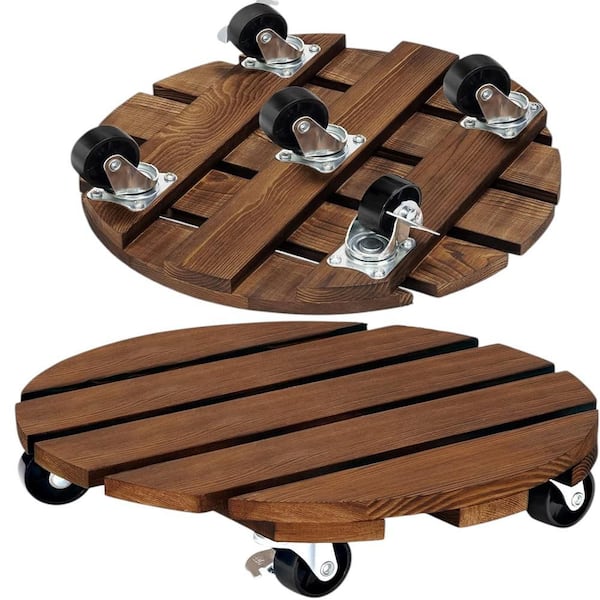 12 in. Round Brown Wood Rolling Plant Caddy with Lockable Wheels (2-Pack)