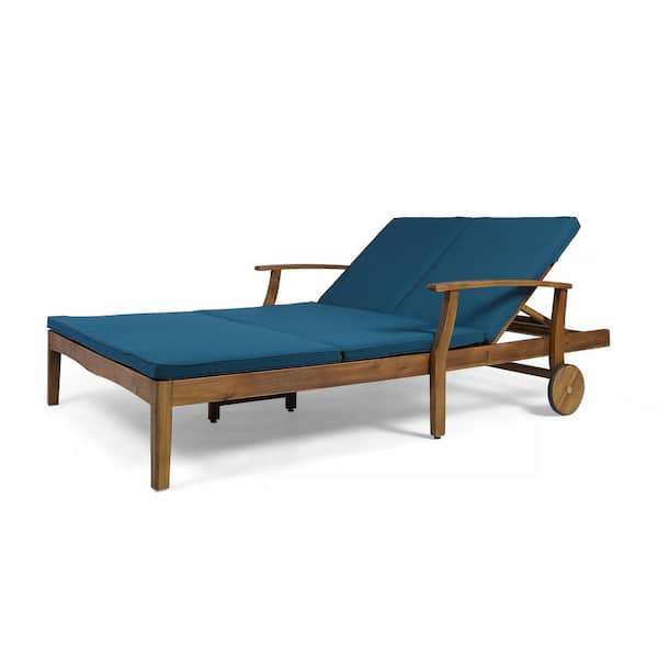 Tenleaf Brown Acacia Wood Outdoor Chaise Lounge with Blue Cushions