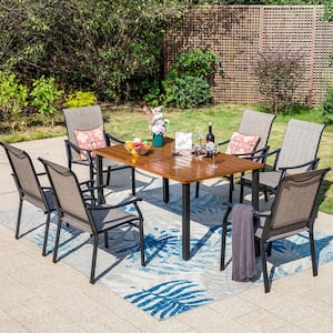 Black 7-Piece Metal Outdoor Patio Dining Set with Wood-Look Rectangle Table and Textilene Chairs