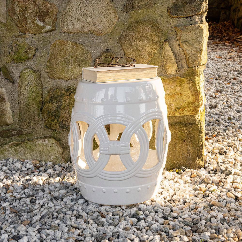 White Ceramic Drum Garden Stool with Lucky Coin Symbols, 16"