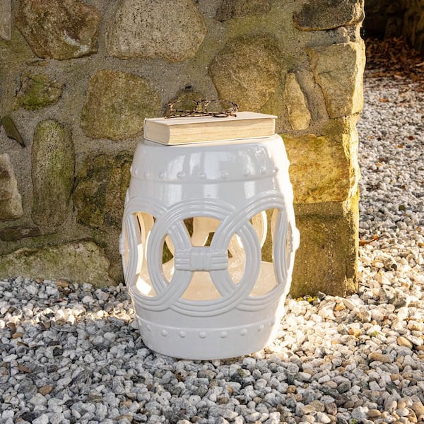 JONATHAN Y 16 in. White Chinese Ceramic Drum Lucky Coins Garden