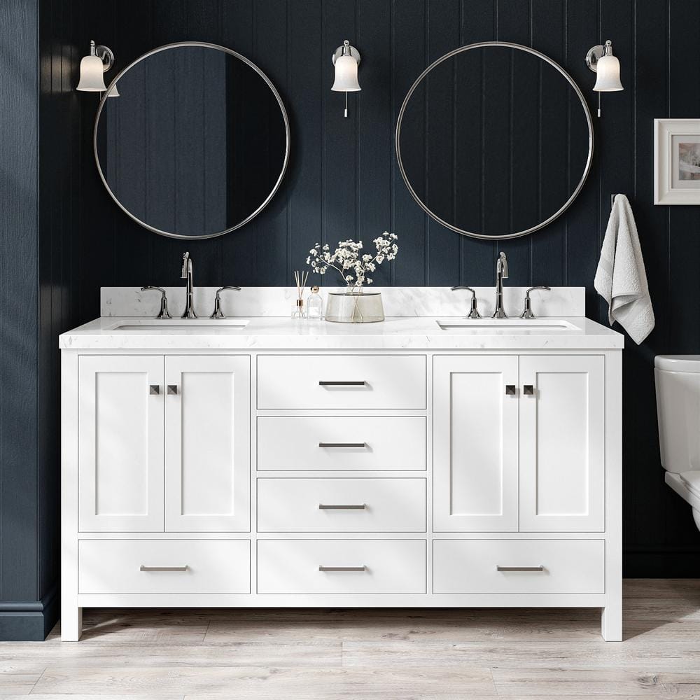 ARIEL Cambridge 66.25 in. W x 22 in. D x 36 in. H Double Sink Freestanding  Bath Vanity in White with Carrara Quartz Top A066DCQRVOWHT - The Home Depot
