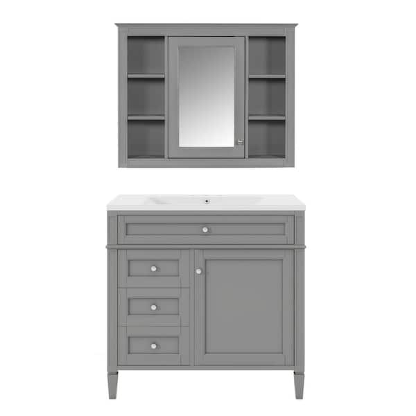 Boosicavelly 36 in. W x 18 in. D x 33 in. H Single Sink Freestanding Bath Vanity in Grey with White Ceramic Top and Mirror