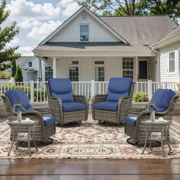 Crescent 6-Piece Gray Wicker Outdoor Swivel Rocker Patio Chairs Patio Conversation Set with Navy Blue Cushions