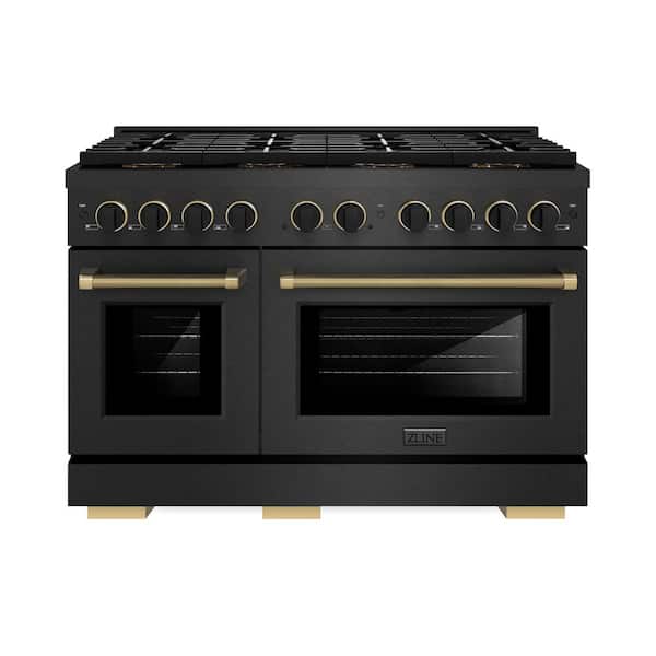 Designer 48 in. 6.7 cu. ft. Dual Fuel Range with 8 Burner DuoPro Cooktop in Black Satin with Black and Champagne Accents