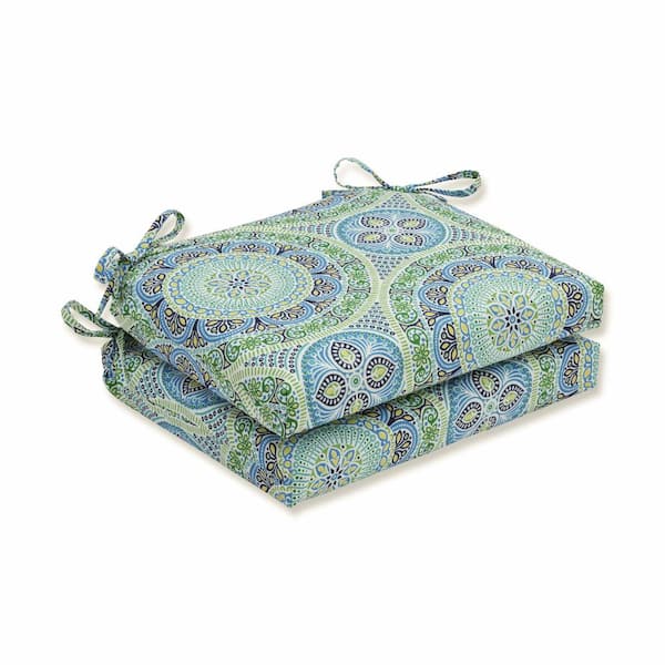 Pillow Perfect 18.5 in. x 16 in. Outdoor Dining Chair Cushion in Blue/Green (Set of 2)