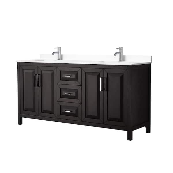Wyndham Collection Daria 72in.Wx22 in.D Double Vanity in Dark Espresso with Cultured Marble Vanity Top in White with White Basins