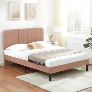 Upholstered Bed Brown Full Bed Platform Bed Frame with Adjustable Headboard Strong Wooden Slats Support Bed Frame