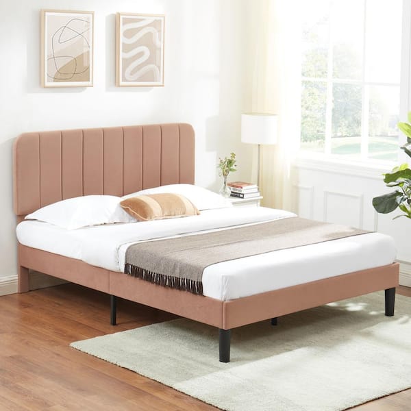 VECELO Upholstered Bed Brown Full Bed Platform Bed Frame with Adjustable Headboard Strong Wooden Slats Support Bed Frame