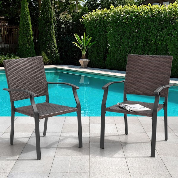 Black Wicker and Iron Outdoor Dining Chairs with Powder-Coated Finish (2-Pack)