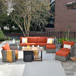 Eufaula Gray 10-Piece Wicker Modern Outdoor Patio Conversation Sofa Set with a Storage Fire Pit and Orange Red Cushions