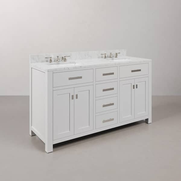 Madison 60 in. W x 21.5 in. D x 34 in. H Double Sink Bath Vanity in Pure White with Carrara White Marble Top and Faucet