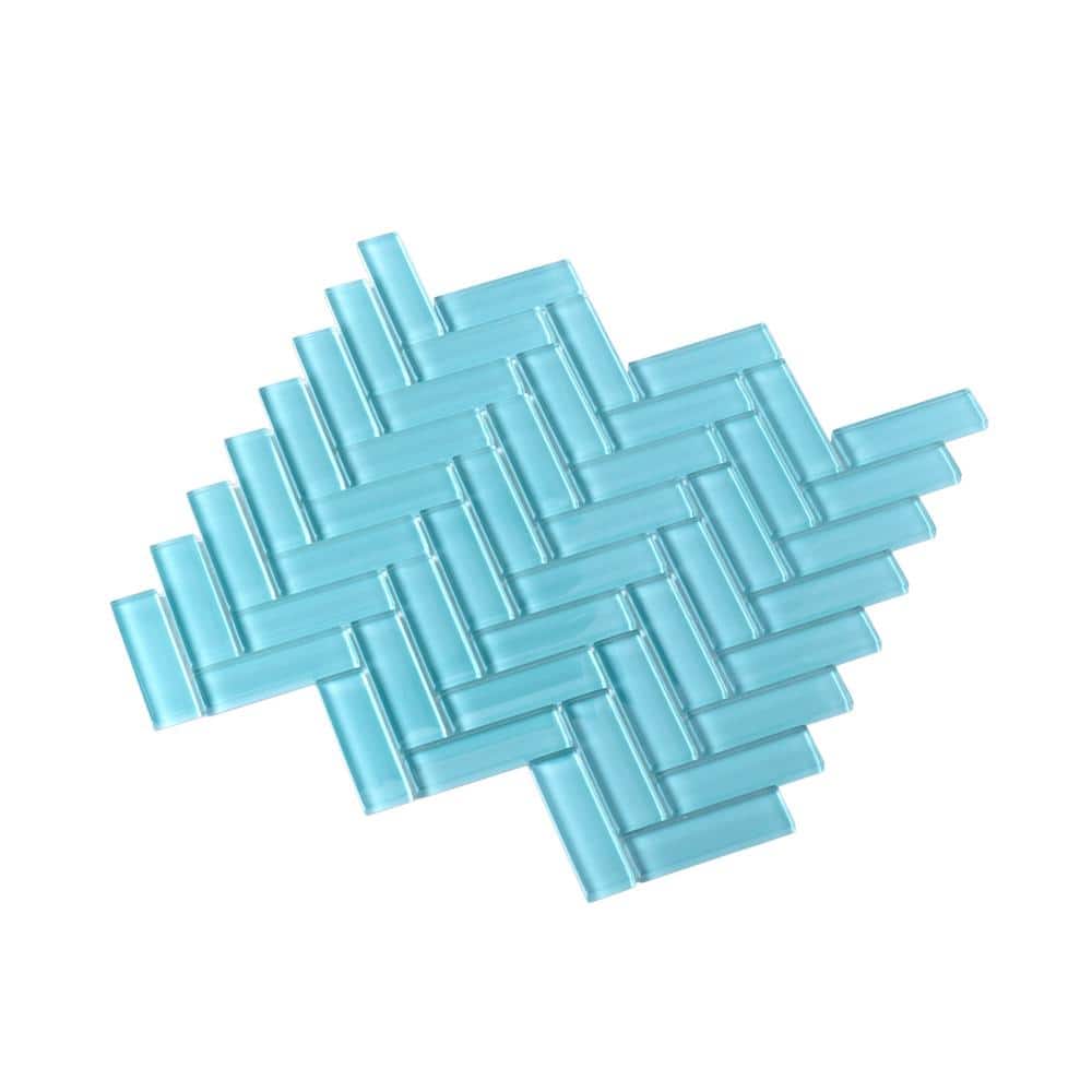 Sky Blue Herringbone Polished Glass Mosaic Tile