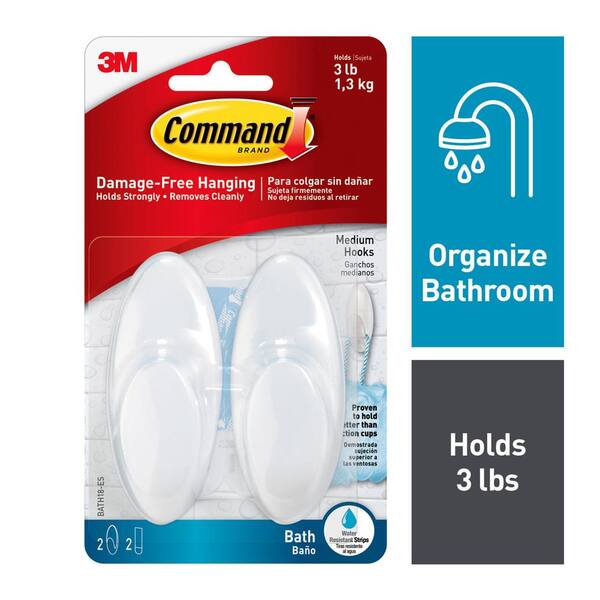Command 3 Lb Medium White Bath Hooks, 3m Bathtub Strips
