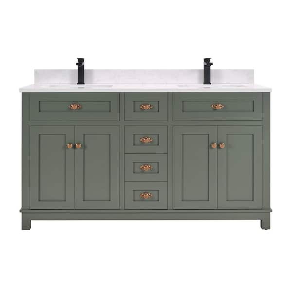 French Contemporary 60 in. 1 Freestanding Pewter Green Bath Vanity with White Artificial Stone Top Assembled Bath Vanity