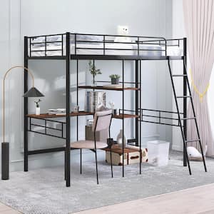 Black Metal Twin Loft Bed with Built-in-Desk and 3-Tier Shelves
