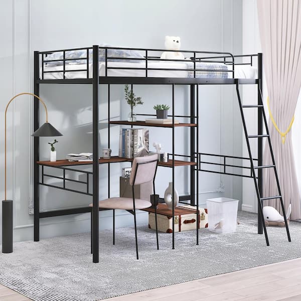 Qualler Black Metal Twin Loft Bed with Built-in-Desk and 3-Tier Shelves ...