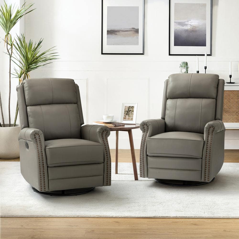 Sonia Transitional Grey 30.5 in. Wide Genuine Leather Manual Rocking Recliner with Metal Base and Rolled Arms (Set of 2) -  JAYDEN CREATION, Z2RCLB0100-G-S2