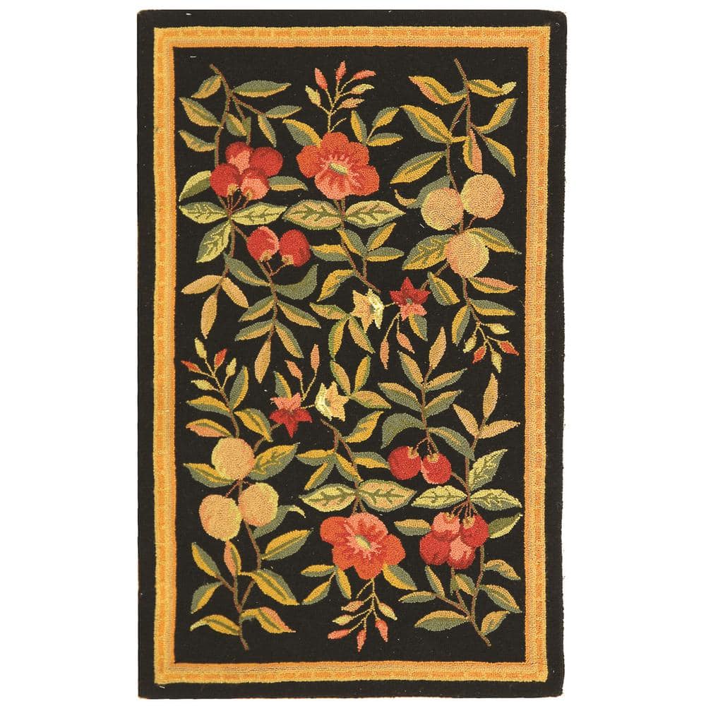 Handmade Black Floral Wool Oval Tufted Rug