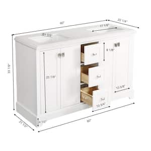 60.6 in. W x 22.4 in. D x 34 in. H Double Sink Solid Wood Bath Vanity in White with White Marble Top