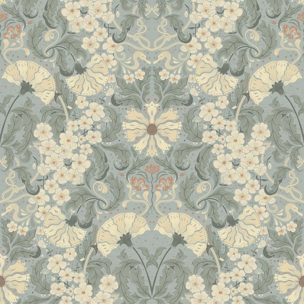 Light Blue and Beige Damask Floral Wallpaper Roll