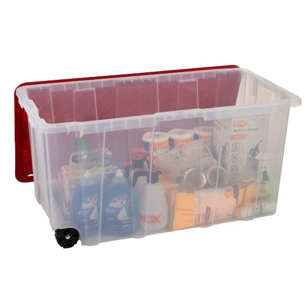 HDX 77 Gal. Tough Storage Tote with Wheels in Clear with Red Lid
