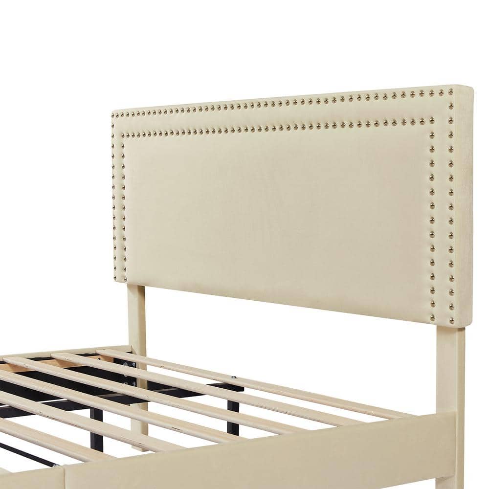 Beige Velvet Upholstered Queen Platform Bed with Tufted Headboard