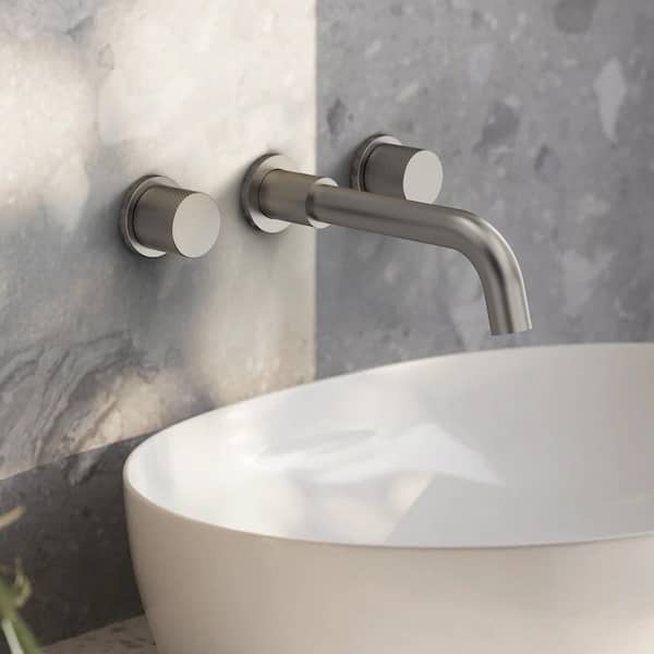 Modern 8 in. Spout Reach Double Handle Wall Mounted Bathroom Faucet in Brushed Nickel Pop-Up Drain Included