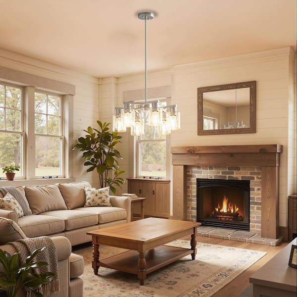 6-Light Nickel Farmhouse Chandelier with Adjustable Height, Industrial Clear Glass Pendant Light for Dining Room