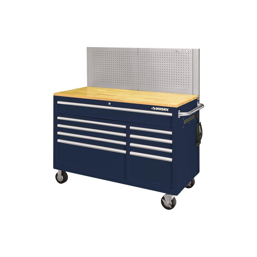 Husky 52 in. W x 24.5 in. D 9-Drawer Standard Duty Mobile Workbench with Solid Work Top and Pegboard in Gloss Blue, Gloss Blue with Silver Trim -  HOTC5209B32M