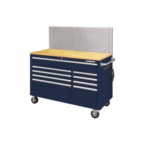 52 in. W x 24.5 in. D 9-Drawer Standard Duty Mobile Workbench with Solid Work Top and Pegboard in Gloss Blue