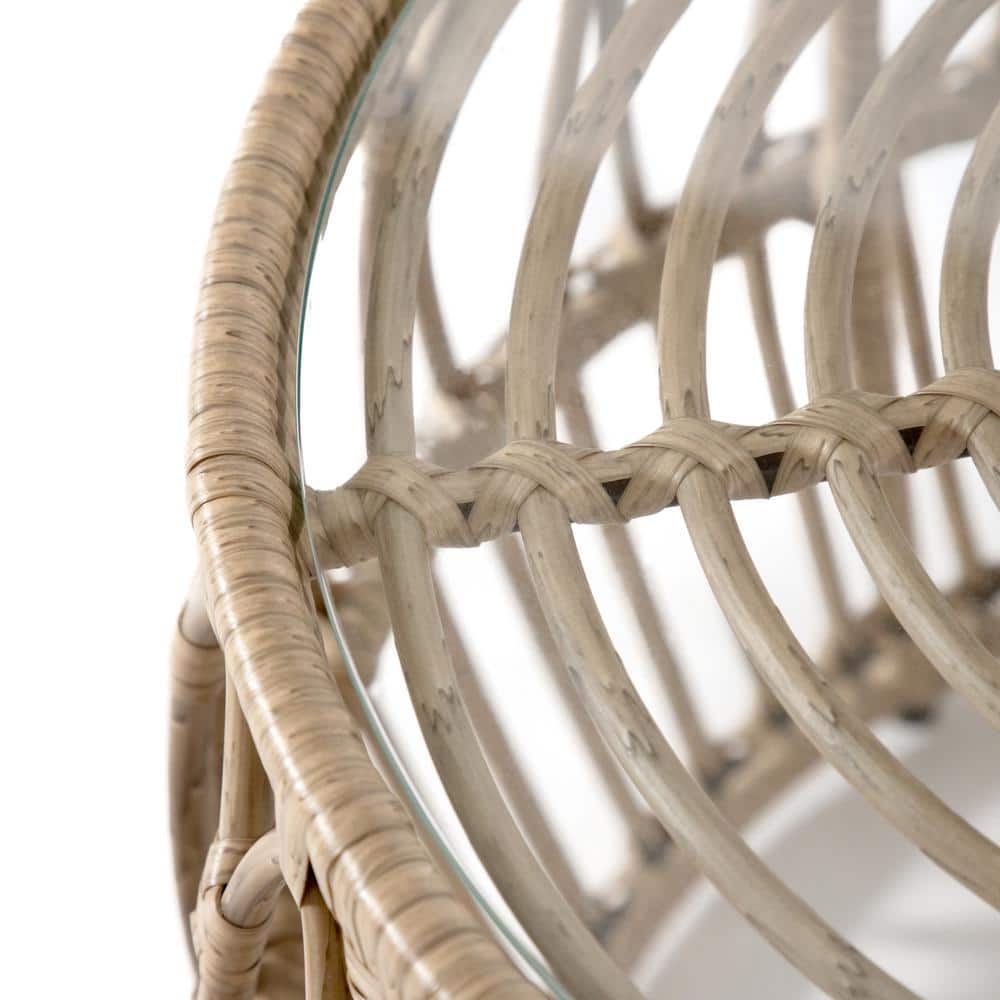 Natural Boho Rattan Round Coffee Table with Glass Top