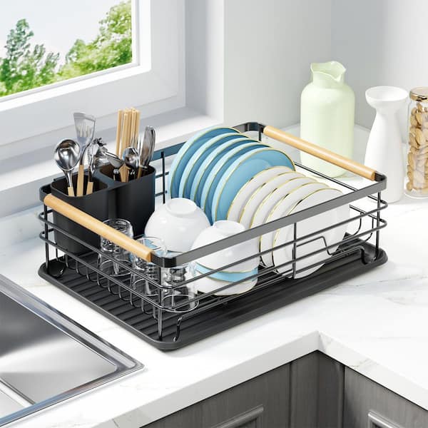 Black Dish Drying Rack for Kitchen Counter, Small Metal Dish Drainer with Removable Cutlery Holder and Drainboard