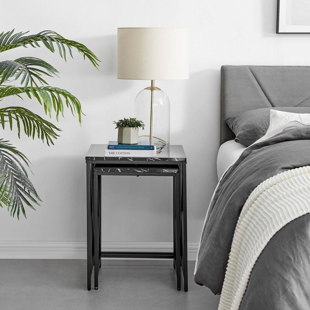 Modern Faux Marble and Black Metal Nesting End Table Set