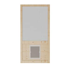 32 in. x 80 in. Single Universal Paneled Finished Pine Wood and Gauze Mesh Hinged Screen Door with Pet Door