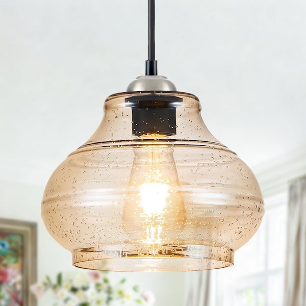 Jasslynn 60-Watt 1-Light Amber Modern Pendant Light with Bell Glass Shade for Dining Room Foyer Bathroom Kitchen Island