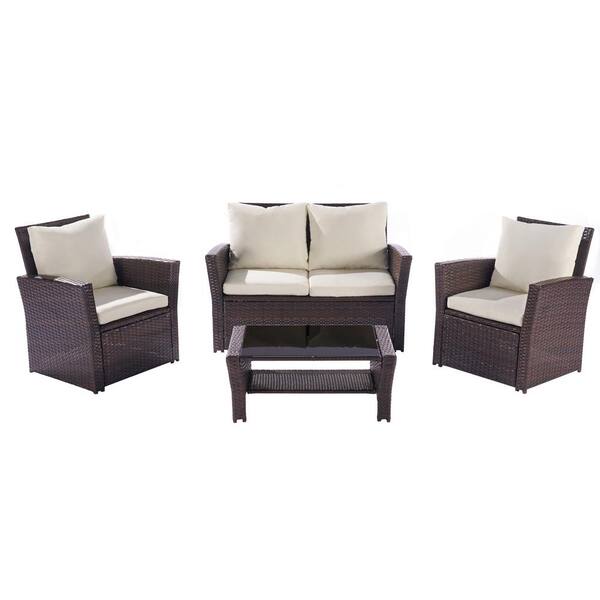 Tunearary Brown 4-Piece Rattan Outdoor Furniture Sofa and Table Set ...