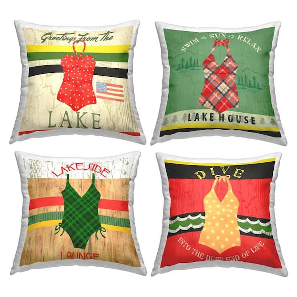 Stupell Industries Summer Swimsuit Phrases Multi-Color Striped Polyester 18 in. x 18 in. Throw Pillow Set of 4