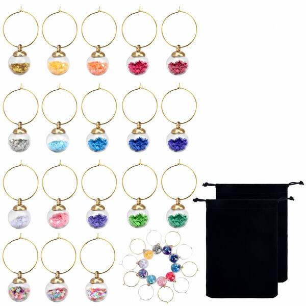 Metal Wine Glass Charm Pendant Tags with Jump Rings and Velvet Storage Bags, Assorted Colors, Set of 18
