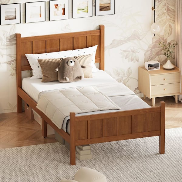 Walnut/Brown Wood Frame Twin Size Platform Bed with Headboard and Footboard, Wood Grain Finish