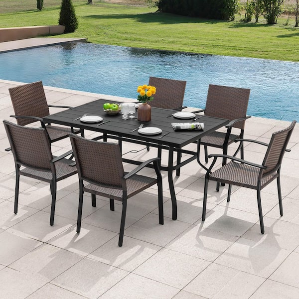 Black 7-Piece Iron and Wicker Rectangle Outdoor Dining Set with 1.57 ft. Umbrella Hole