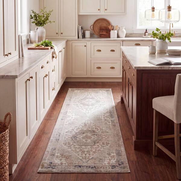 Prestige 2 ft. x 6 ft. Beige/Teal Medallion Runner Rug