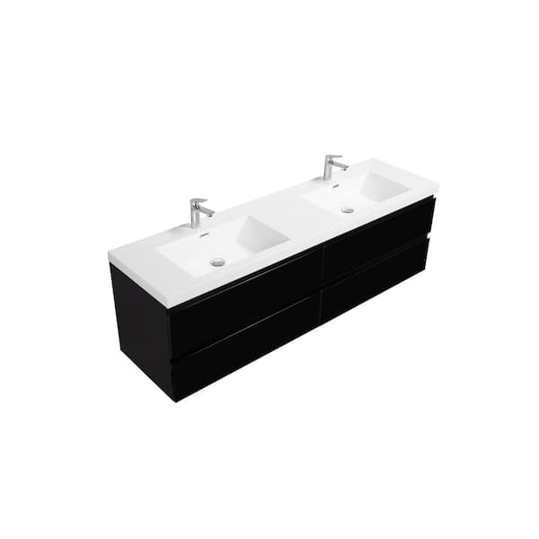 Dimakai 70.55 in. W Double Sinks Wall-Mounted Glossy Black Bath Vanity With White Resin Top Unassembled