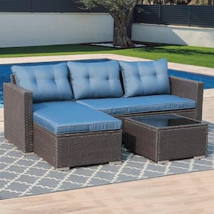 Joivi Brown 3-Pieces Wicker Outdoor Sectional Set with Blue Cushions