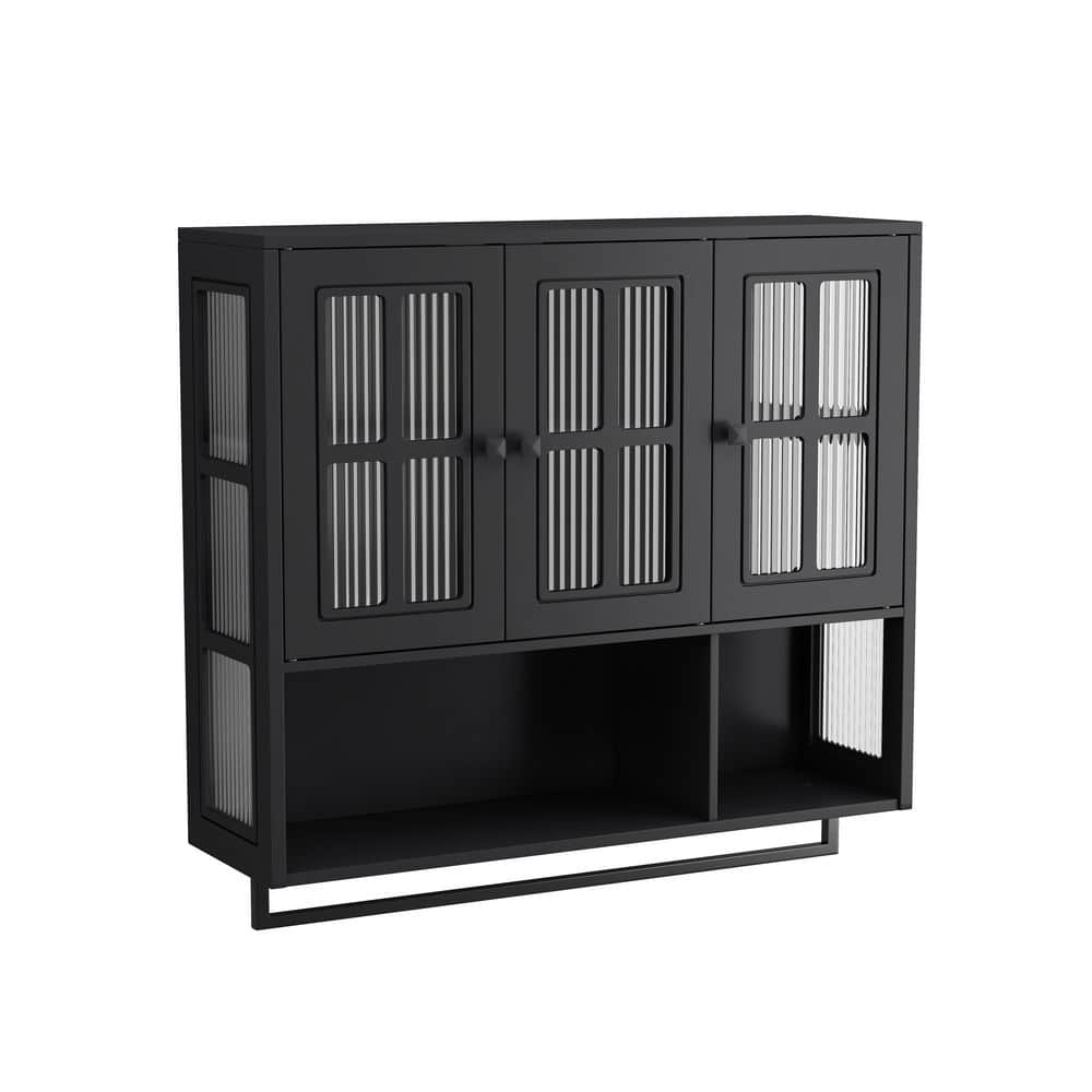 35 in. W x 32 in. H Black 3-Door Rectangular Surface Medicine Cabinet with Mirror, Glass Door and Towel Bar price history on PriceWatchPro