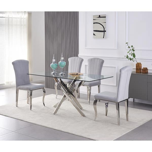 Unbranded Grey Velvet Upholstered Dining Chair Modern Accent Side Chair with Silver Metal Legs (Set of 2)