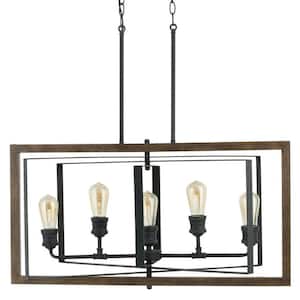 Palermo Grove 5-Light Black with Walnut Accent Linear Coastal Chandelier for Kitchen Island and Dining Room with Bulbs
