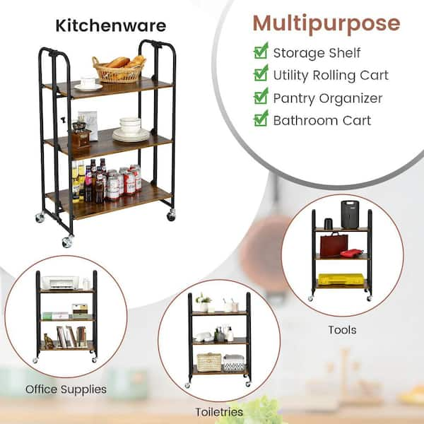 Foldable 3-Tier Bathroom Storage Shelves Rolling Wheels Cart Rack