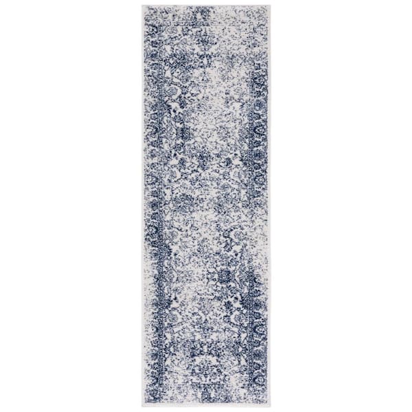 Adirondack Ivory/Navy 3 ft. x 14 ft. Border Distressed Runner Rug