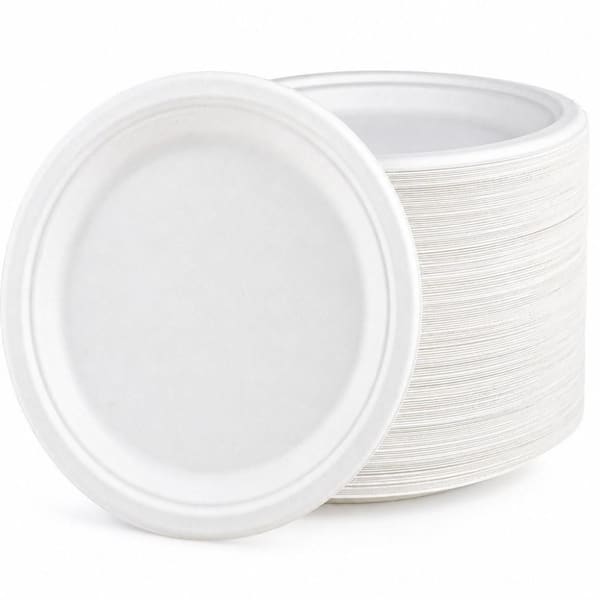 150-Pack 9 in. Heavy Duty Paper Plates, White Disposable Sugarcane Bagasse Tableware Plates for Thanksgiving Party